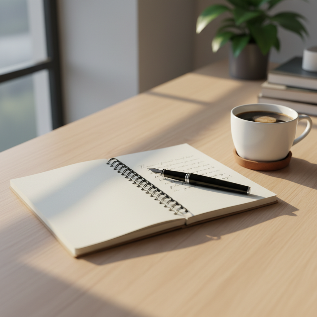 Bureau épuré avec un cahier ouvert, un stylo et une tasse de café, lumière naturelle rasante créant des ombres douces sur le papier, atmosphère studieuse et contemplative