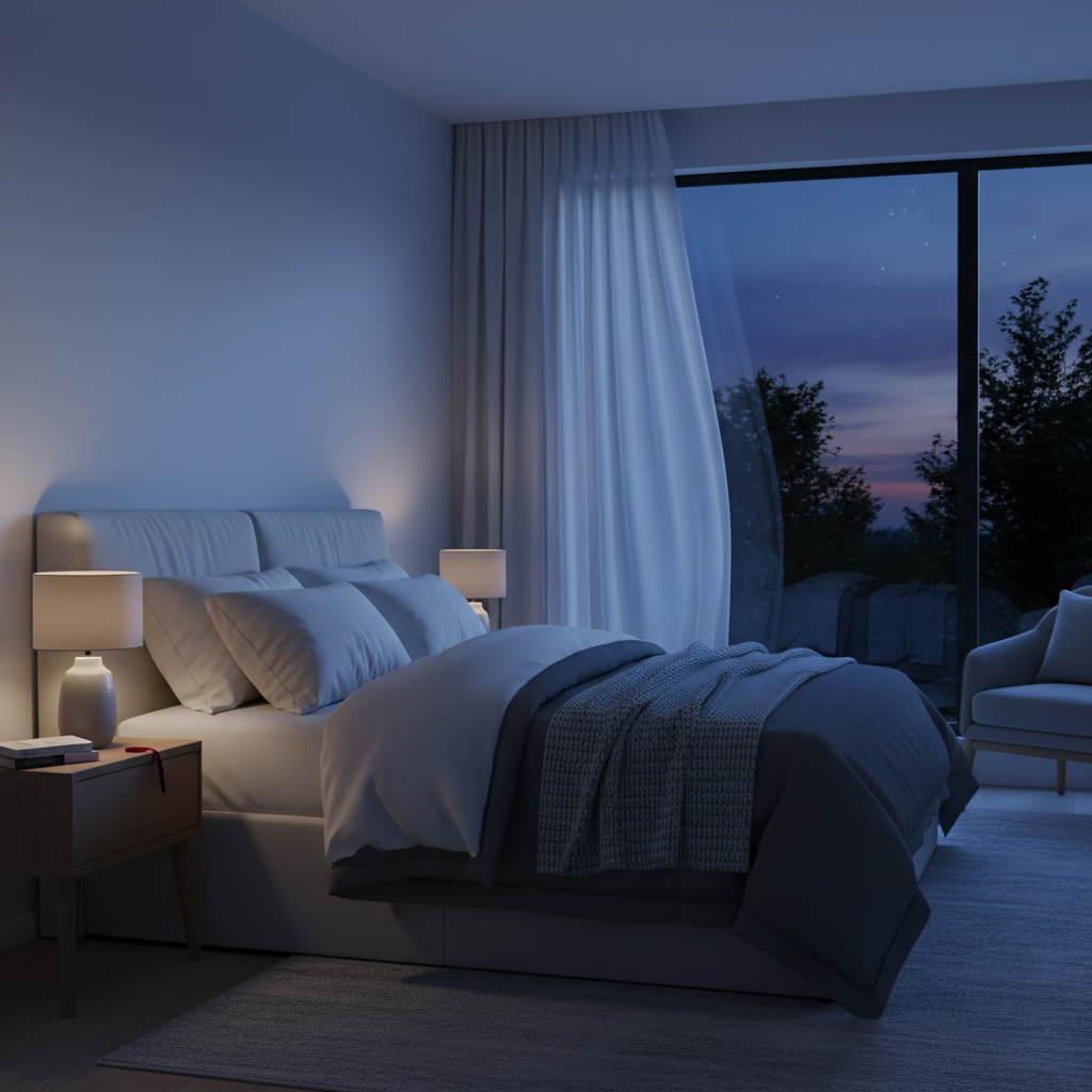 Chambre calme au crépuscule avec une fenêtre laissant entrer une lumière bleutée et douce, lit soigneusement fait, ambiance nocturne sereine propice au repos