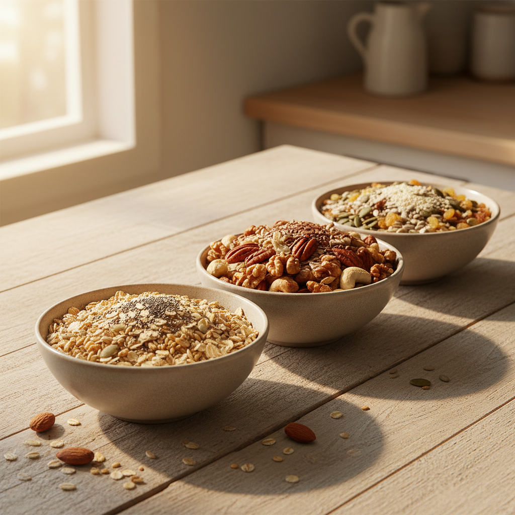 Bols contenant des céréales complètes, des noix et des graines, photographiés avec une lumière naturelle chaude et une composition graphique sobre
