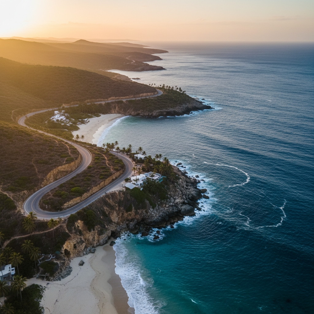 Vue aérienne d'un sentier sinueux à travers une forêt dense en automne, prise en contre-plongée légère, couleurs chaudes et profondes, composition graphique évoquant le cheminement et la réflexion