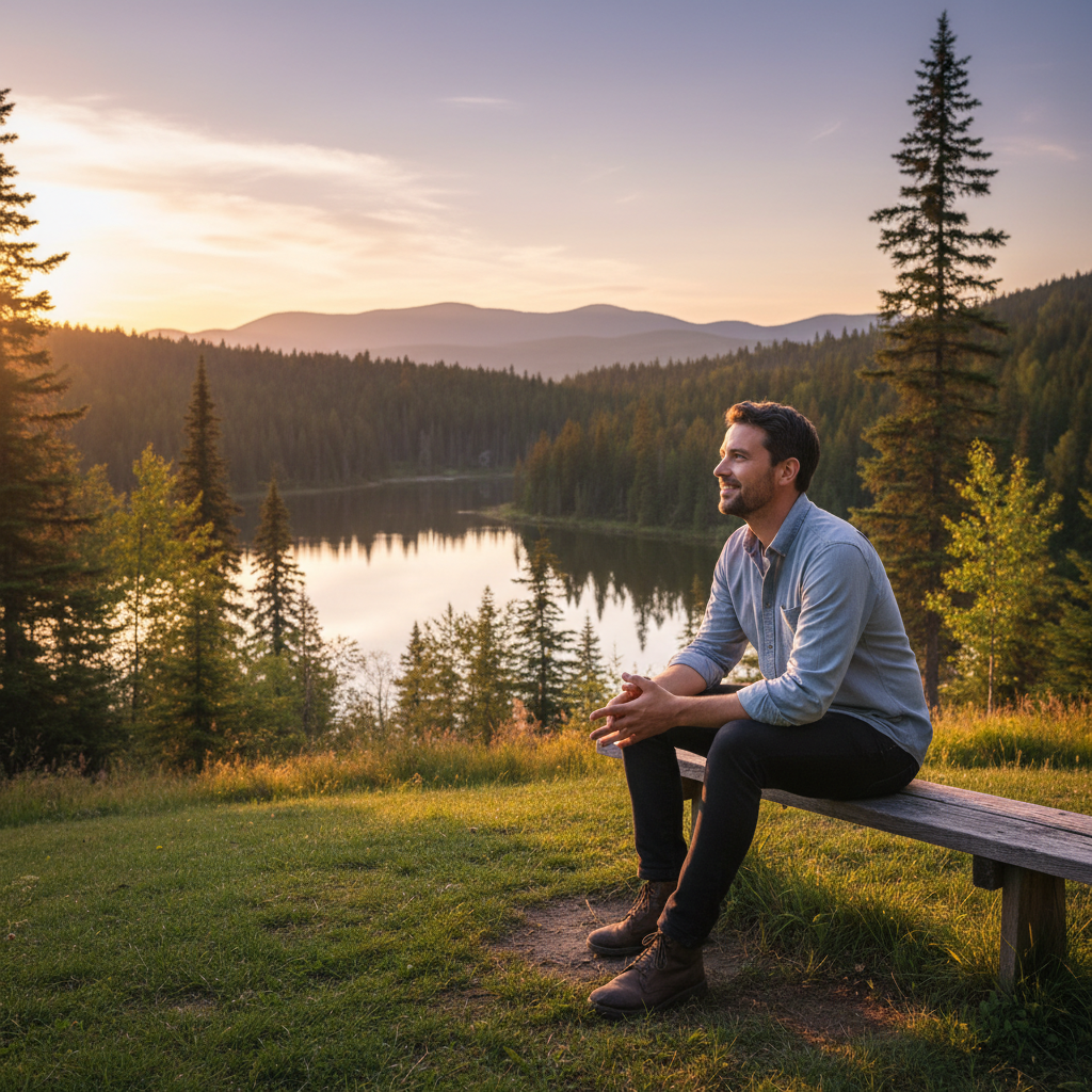 Homme assis en position détendue en extérieur, dans un environnement naturel calme, regard dirigé vers l'horizon, ambiance paisible et contemplative avec une lumière naturelle douce